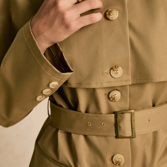 Khaki Women's Casual Longline Cape-Shoulder Storm Flap Overcoat - Picture 8 of 8